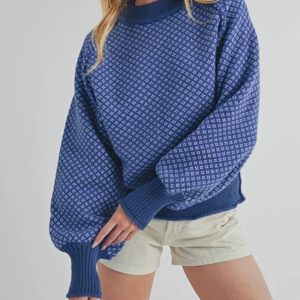 Nordic Apres-Ski Sweater Blue Knit Cozy NWT
